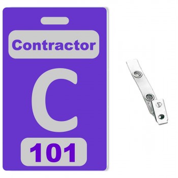 Custom Printed Numbered Purple PVC Contractor Badges + Strap Clips - 10 pack